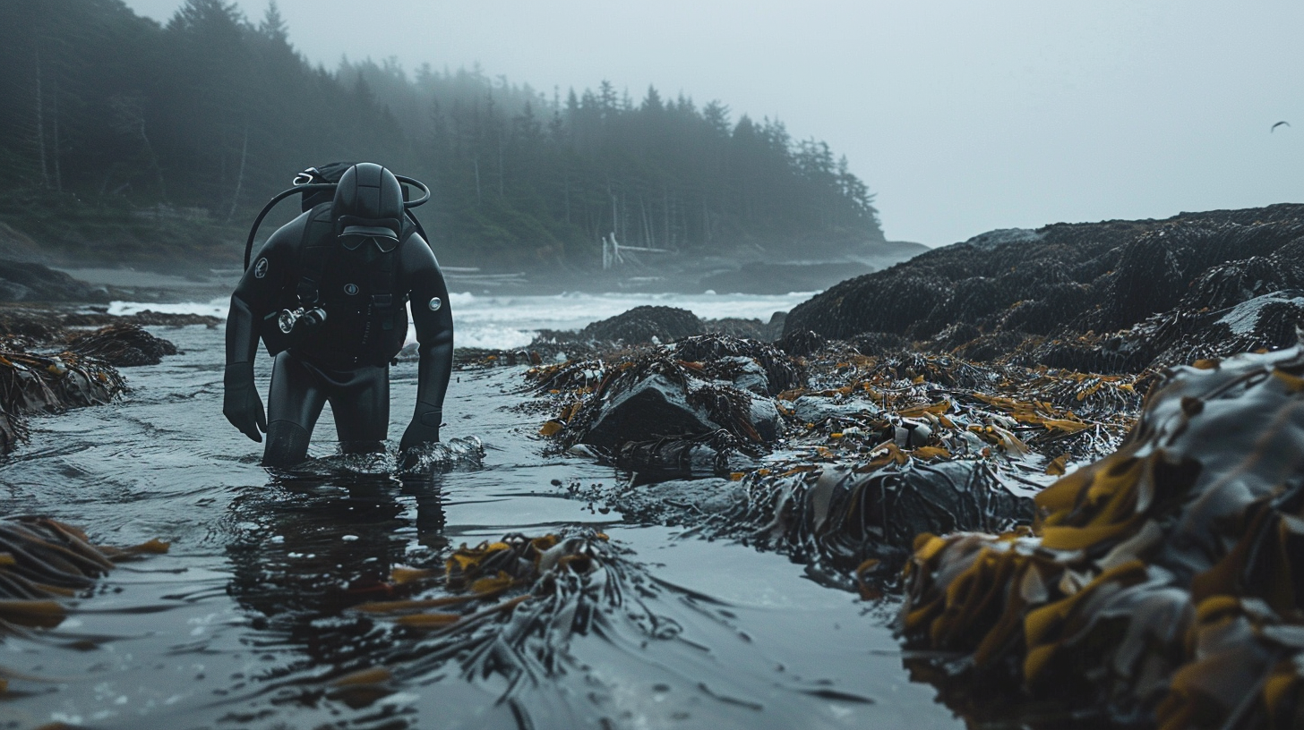 Diver donning a well-fitted wetsuit before a cold water dive